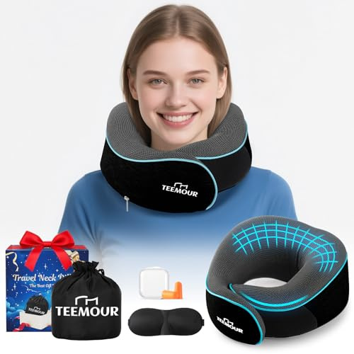 Coussin de Voyage Mémoire de Forme, Oreiller de Voyage Réglable avec Masque 3D pour Les Yeux et Bouchons d’Oreilles Inclus, Idéal Avion, Voiture, Lavable et Amovible, Coussion Avion Confortable - Gris