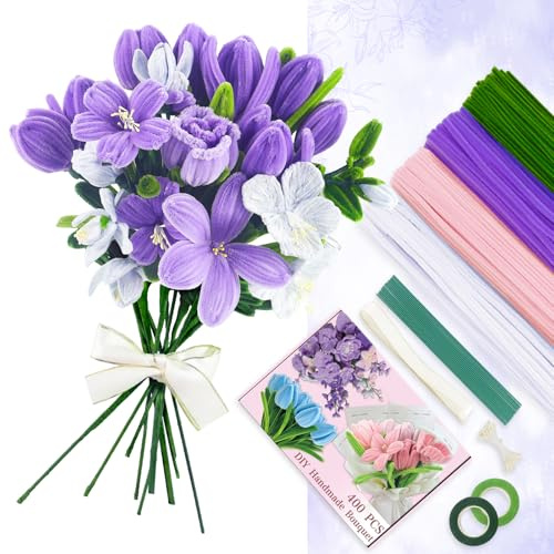 Pfeifenreiniger Blumen Bastelset, 400 Stück Pfeifenputzer zum Basteln(Lila) | Bouquet Pfeifenreiniger Set 4 Farben Pipe Cleaner Chenilledraht für DIY Blumenstrauß Papier Geschenke Dekorieren