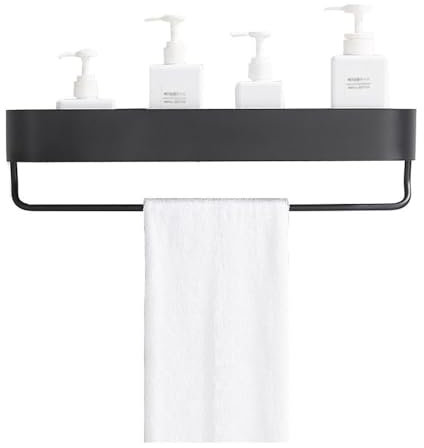 Étagère de douche Étagère de douche avec barre porte-serviettes, organisateur de douche mural adhésif avec bords arrondis, étagère de salle de bain noire moderne, organisateur d'épices de cuisine Port