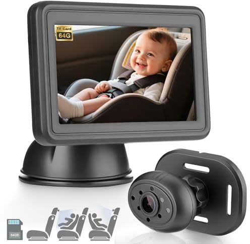GEARMONSTER Caméra de Voiture pour Bébé HD 1080P, Caméra de Siège Arrière de 4,3'' avec Moniteur, Carte TF de 64GB, USB Plug-and-Play, Caméra de Rétroviseur de Voiture avec Vision Nocturne, Affichage
