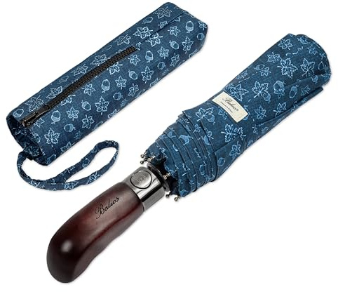 Balios fällbart paraply äkta trähandtag automatisk öppning stängd ventilerad baldakin, Lönnlöv festtåg blå, Compact/Medium