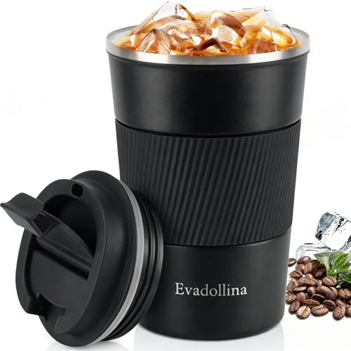 Evadollina termosmugg, kaffemugg to Go, isolerad kaffemugg 380 ml, termisk kopp, kaffekopp, mugg med lock, rostfritt stål, julklappar (svart)