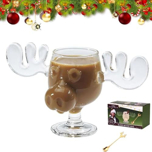 USMEI Christmas Eggnog Moose Mug, Thick Cute Coffee Drink Mug, Xmas Vacation Movie Moose Glass, 240ml Clear Coffee Mugs Gifts for Family Friends Birthday Holiday (Short Glass)