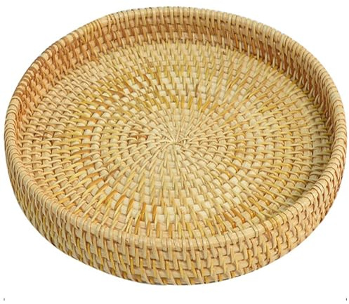 Peosaard Bandeja de Mimbre, Bandeja de ratán, Cesta de ratán Tejida de 9 Pulgadas, Mimbre Redondo Decorativo para Servir Alimentos, Aperitivos, Frutas, postres, decoración del hogar, Cesta