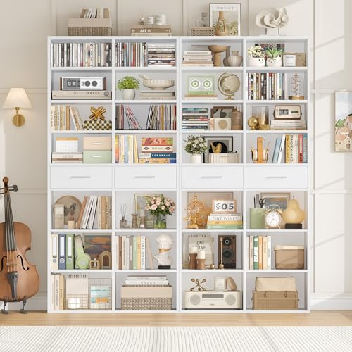 HOCSOK Set of 2 Bookcases, 185cm Tall Living Room Bookcase with 4 Drawers | 7-Tier, Adjustable Shelves, Free Standing Bookshelf for Home Office, Study, Wooden Book Shelf, White, 185H x 80W x 30D cm