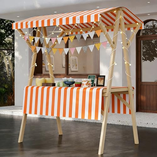 HARELA Genérico Puesto de Mercado con toldo, Puestos Plegables, para Venta De Alimentos, Carrito De Comida Callejera De Madera para Puestos Callejeros, Ferias De Artesanía(Orange A,150cm/59in)