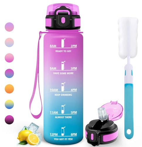 Motswedi Borraccia 1 litro, Bottiglia d'acqua Sportiva, Comprende 6 Paglie e 1 Spazzola di Spugna, Borraccia Palestra, Bottiglia Acqua 1l, per Palestra, Viaggi, Ciclismo, Rosso rosa & Ciano