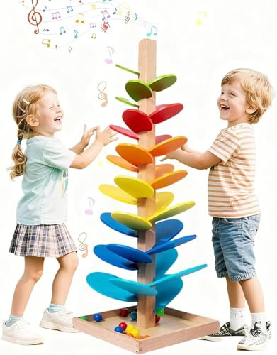 Circuito a sfere in legno, Pista Biglie in Legno con Albero Sonoro, Gioco Montessori 18 Biglie Colorate, 6 Livelli, Sviluppa la Motricità Fine
