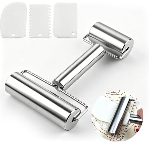 Rolling Pin Set Stainless Steel Double Head Dough Roller with Scrapers | Non Stick Baking Tools for Pizza Pastry Cookies Fondant Dumplings Home Baking