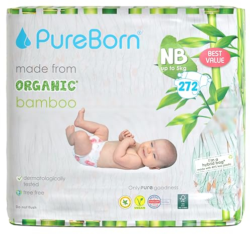 PureBorn Ekologiska Blöjor av Bambu, Nyfödd (<5 kg), 272 stycken (2x136), Allergivänliga, Ultramjuk, Våtindikator, Olika Tryck