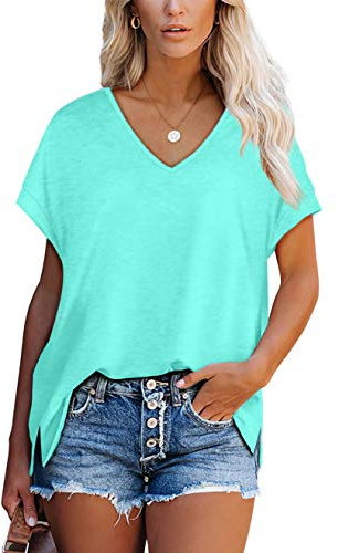 Aokosor Ladies Tops V Neck T Shirts Womens Short Sleeve Summer Casual Tshirt Work Wear Lake Green Size 14-16