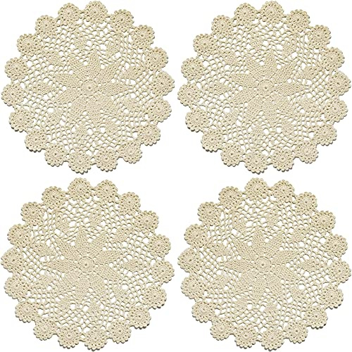 Phantomon 12 Inch Round Doilies Crochet Handmade Lace Placemats 100% Cotton Knitted Coasters, Pack of 4 (Beige)