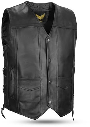 Leatherick Gilet da uomo in vera pelle di vacchetta a grana alta Gilet classico nero con lacci laterali e tasche per il trasporto nascoste - Nero - XL