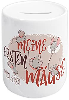 GRAZDesign Kinder Spardose mit Name, Sparbüchse Sparschwein, personalisiert Wunschname, Mäuse Spruch, Watercolor, Geld Taler, Geschenk Geburtstag/Keramik