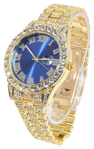 Halukakah Diamant Golduhr, Herren 18K Echt Vergoldet 42MM Breite Blau Wählen Quarz Armband 24cm, mit Geschenkbox