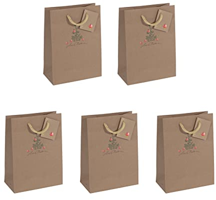 Sigel GT041/5 mittelgroße Geschenktüten aus Kraftpapier, 5er Set, 23 x 17 cm, braun, Christmas with apples, Papier-Geschenktaschen Weihnachten