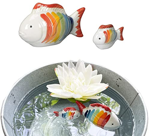 itsisa Schwimmtiere Bunte Fische (2er Set) aus Porzellan schwimmend als Teich Deko - Deko für Vogeltränke, Schwimmfisch, Gartenteich, Frosch, Gartendeko (Bunte Fische)