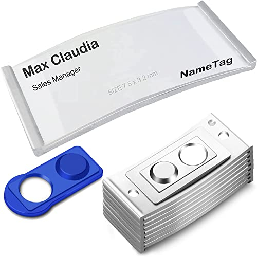 FIVAVA 10 STÜCK Namensschilder für Kleidung - Magnet Namensschild mit Papiereinschub, Transparent, Modisch Gewölbt, 75 x 32 mm, Silber