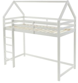 Vente-unique - Lit Mezzanine cabane 90 x 190 cm - Pin Massif - Blanc - TARZIA - pour Enfant