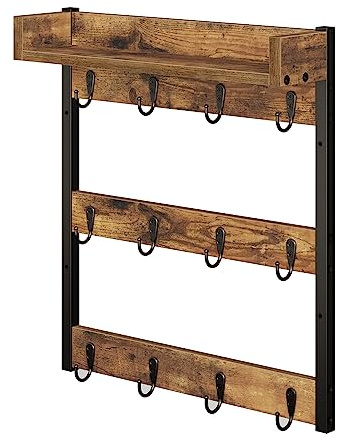 YATINEY Tassenständer, wandmontiertes Tassenregal, Tassenhalter, Küchenregal, 3-stufiger Getränkehalter, hängender Präsentationsständer mit Ablage, für 12 Tassen, für Küche, Vintagebraun XMH42BR