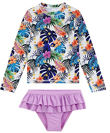 upandfast Madeanzüge für Mädchen Langärmlige 2-Teiliges Set Sonnenschutz-Surfbekleidung(Lila Blumen,4 Jahre)