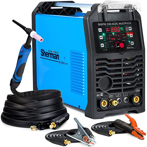 Sherman DIGITIG 200 AC/DC Multi-Puls - 200A WIG Schweißgerät AC DC - HF-Zündung, Auswahl der AC-Wellenform - mit Punktschweißen & Kaltschweißen - Preflow & Postflow - MMA - Set:Solo