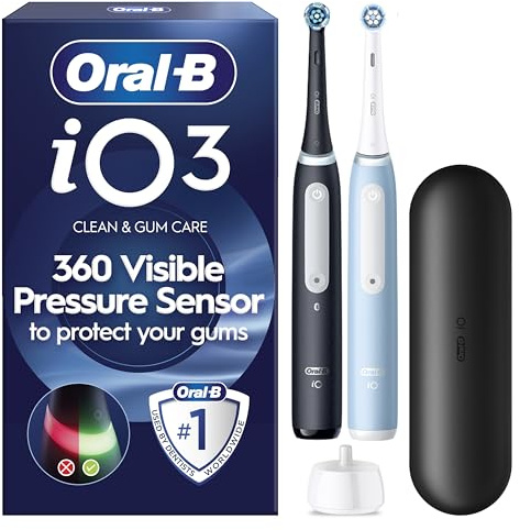 Oral-B iO3 2X Electric Toothbrushes for Adults, Gifts for Her/Him, 2 Toothbrush Heads & 1 Travel Case, 3 Modes with Teeth Whitening, 2 Pin UK Plug, Black & Blue