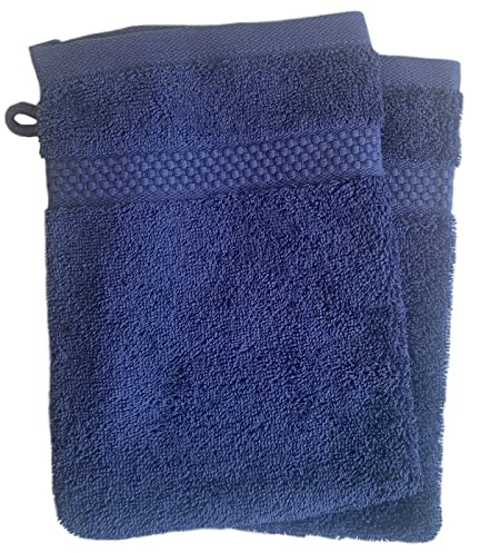 Sue Rossi Face Cloth Wash Mitt Set, 100% Organic Turkish Combed Cotton, 600GSM Thick With Hanging Loop, Size 16cm x 21cm, Flannel Glove Pack Soft & Absorbent (Navy Blue, 2)