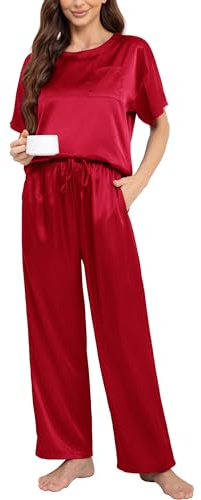 Nanxson Femmes Satin Pyjama Set Deux Pièces Pyjama Manches Courtes Pyjama avec Long Pyjama Pantalons Ensemble Soft Casual Wear(L,Rouge foncé)