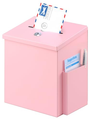 xydled Suggestion Box with Key Lock, Locking Metal Donation Ballot Drop, Comment Prayer Box with Slot for Office, Fundraising, Church, School, Home Use, Pink, 8.7 x 7.1 x 5.9 Inches