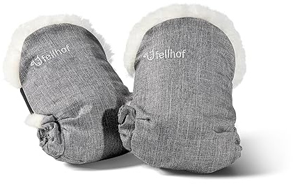 Fellhof Kinderwagen Handwärmer UNI, 100% Merino-Lammfell, wind- u. wasserabweisend, reflektierende Streifen, OEKO-TEX zertifiziert, Universalgröße für alle Kinderwagen black-melange