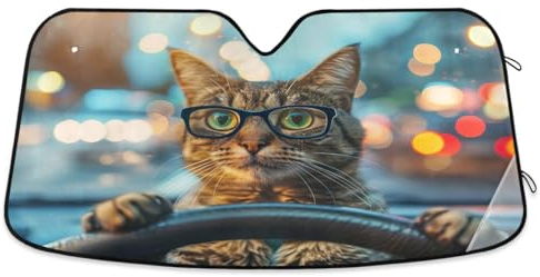 Parasol plegable para ventanas delanteras, diseño de gato divertido con gafas, mantiene tu vehículo fresco, bloquea los rayos UV, accesorios divertidos para coche, 53 x 23.5 pulgadas