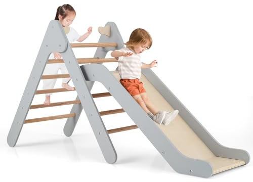 COSTWAY 2 in 1 Set da Arrampicata con Scivolo per Bambini, Triangolo di Arrampicata in Legno Regolabile a Gradi, Giocattolo per Arrampicarsi all’Interno, 1 Anno+ (Grigio)