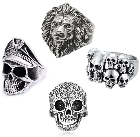 4 Stück Totenkopf Ring, Totenkopf Ring Herren, Herren Ringe, Ring Herren, Ringe Herren, Siegelring Herren, Edelstahl Ringe Herren, Männer Ringe, Ringe Männer, Biker Ringe Herren, Siegelring Herren