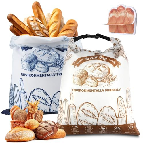 2 Pezzi Sacchetti per il Pane Riutilizzabili con Foderati in Plastica 43 x 31cm - Grande per Prodotti da Forno, Frutta e Verdura per Mantenere gli Alimenti Freschi