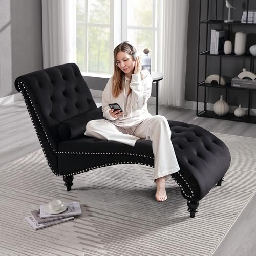 SLEERWAY Velvet Chaise Lounge Chair Indoor, Modern Button Tufted Upholstered Lounge Sofa Couch with Solid Wooden Leg and Lumbar Pillow, Leisure Accent Chair for Bedroom Living Room Office, Black
