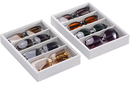 Lolalet Scatola per Occhiali da Sole Cassettiera, 4 Scomparti Impilabile Occhiali da Sole Organizzatore Scatola, Porta Occhiali Multiplo per Uomo Donne -2 Pezzi, Grigio