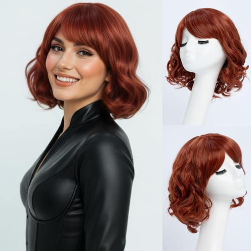 SIMKAYLEE Wellig Perücke Damen Rote Kurz mit Pony Perrücke Roter Bob für Frauen Locken Kupferrote Haar Perücken Short Red Wigs für Cosplay Halloween Fasching Kostüm und Den Alltag (25cm)