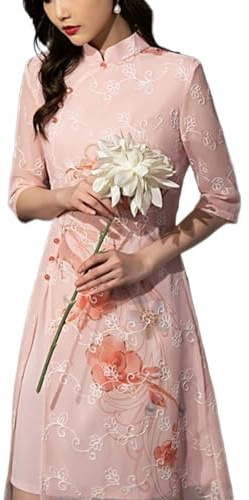 SXTYYH Robe Vietnamienne Ao Dai for Femmes Robe Chinoise Robe Traditionnelle Mousseline Broderie Qipao Robe D'été Robe Cheongsam(Pink,L)