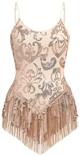 IBAKOM Women Sexy Shiny Sequins Fringe Bodysuit Sparkly Tassel Latin Jazz Dance Acrobat Costume Adult Circus Trapeze Artist Dancing Queen Rave Outfits Glitter Christmas Dance Leotard Gold XS