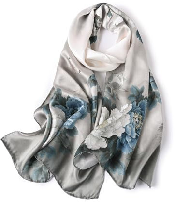STORY OF SHANGHAI Seidenschal Damen 100% Seide, Natur Silk Scarf for Women, Luxuriöse Seidentuch Halstuch, Stola Als Geschenk, Warm Leicht und Weich, Mit Motiv 53 * 170 cm,Schmetterling Blau Blumen