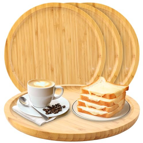 MIVIDE 4 Pcs Plateau de Service en Bambou, Plateau Rond Bois Dessous Verre 20 x 20 x 1.5 cm, Plateaux Bambou Rond pour Thé Nourriture Plantes