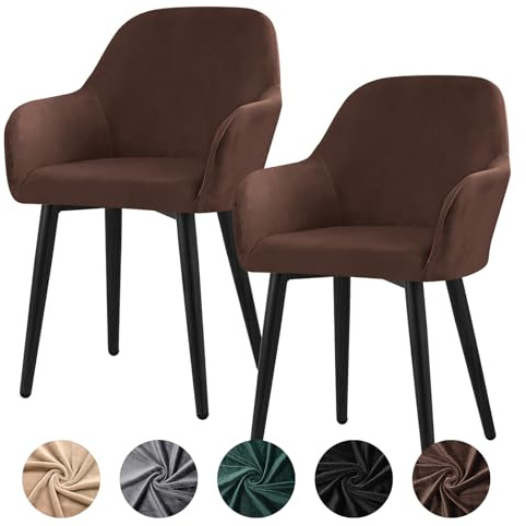 Alishomtll Stretch Samt Stuhlhussen 2er Set Universal Sesselbezug Stuhlbezug mit Armlehnen Abnehmbare Waschbar Esszimmerstühle Bezug für Küche Esszimmer Bankett Hochzeit Party (Braun, 2 Stück, Large)
