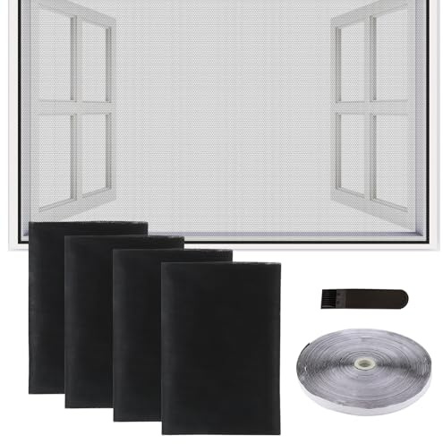 Xmart 4 pezzi Zanzariere Adesive Alta Densità Zanzariera per Finestra DIY 150 x 130 cm può Essere Tagliata Zanzariera Senza Foratura con Nastro Largo 1,6 cm e Strumento Serraggio Nera