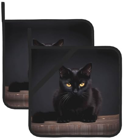 BROLEO Set di 2 presine isolate quadrate con stampa di gatto nero, 20,3 x 20,3 cm, spesse e durevoli, antiscottatura e termoisolanti