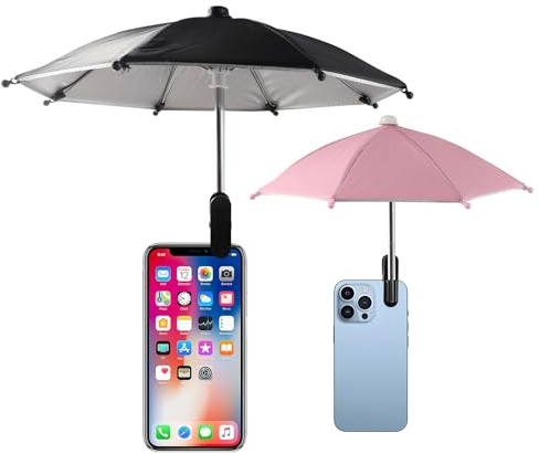Framad 2 PCS Cell Phone Umbrella Sun Shade Clip, Mini Umbrella for Phone, Black Pink Bracket with Clip for All Smartphones