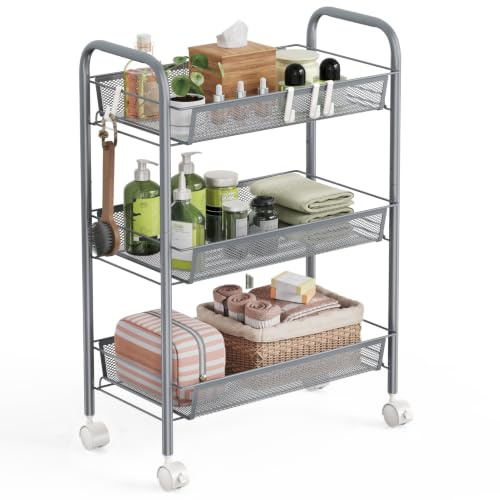 WELDUN 3-Tier Storage Trolley, Meatl Rolling Cart, Mesh Storage Cart Gray