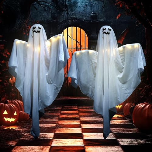 Halloween Deko Geist Mit LED Lichtern,2 Stück 80 cm Lange Geister Außen Dekorationen zum Aufhängen,für die Dekoration von Garten, Terrasse und Rasen