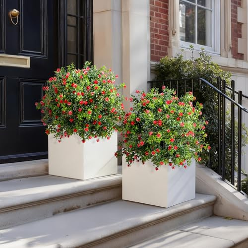 Bailikang 2PCS Artificial Rose Boxwood Topiary Ball Bush with Ground Spike Fake Evergreen Shrubs Bushes Plants UV Resistant Faux Greenery Shrubs, Fake Rose&Green Boxwood Plants for Garden, Yard, Porch