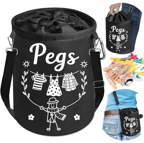 Clothes Pin Hanging Bag Outside with Hooks, Closing Cord and Shoulder Strap, Waterproof Clothespin Bag Holder Multiple Hanging Methods for Clothesline Laundry Peg Clip Organizer Outdoor Storage Use